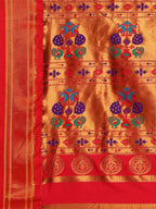 Pallu design of Maharani Nauvari Paithani saree silk blend 9 yard Kashta saree in indigo blue and red with traditional Paithani motifs