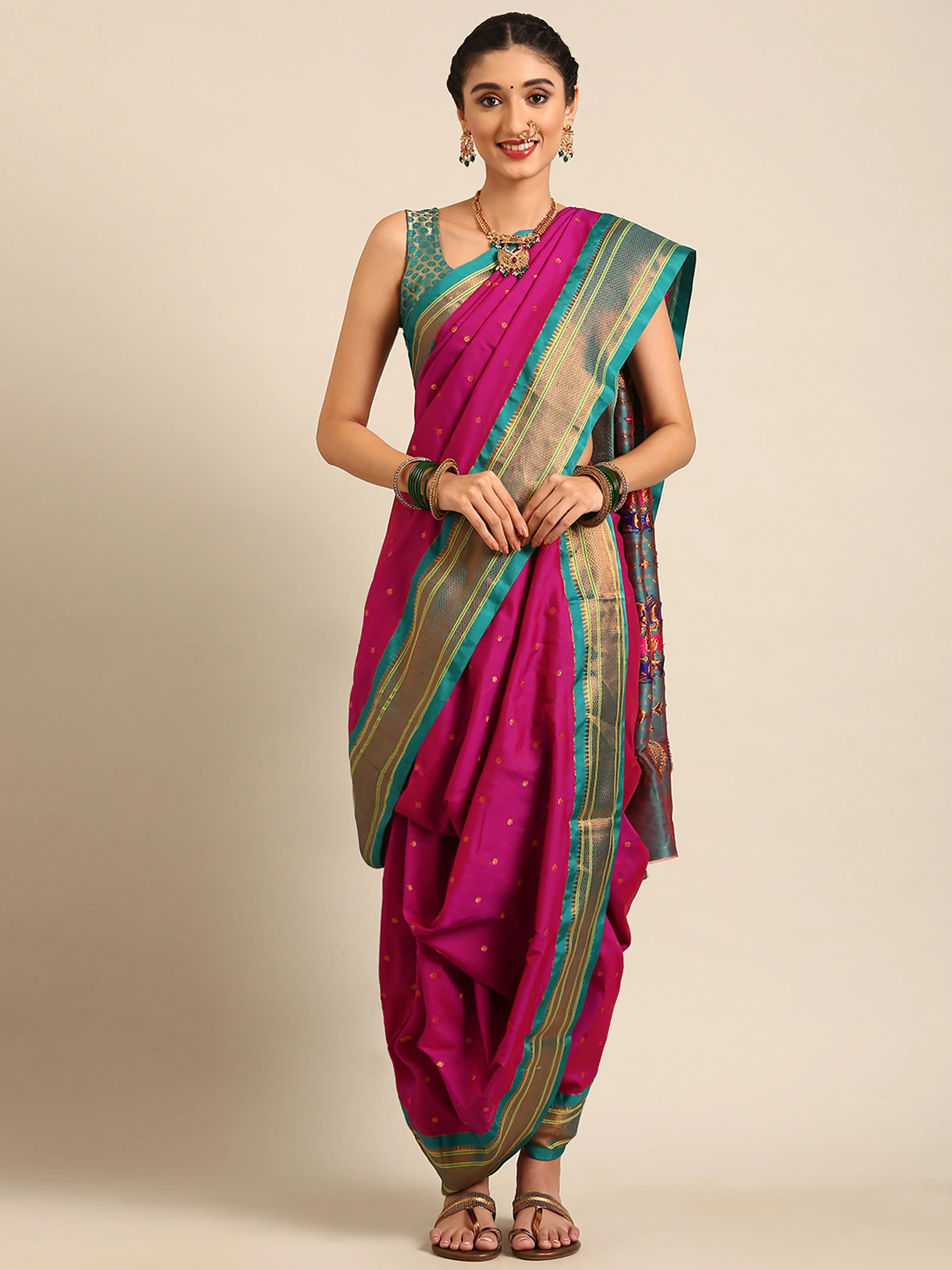 Maharani Nauvari Paithani saree silk blend 9 yard Kashta saree in magenta and rama - front view for wedding wear