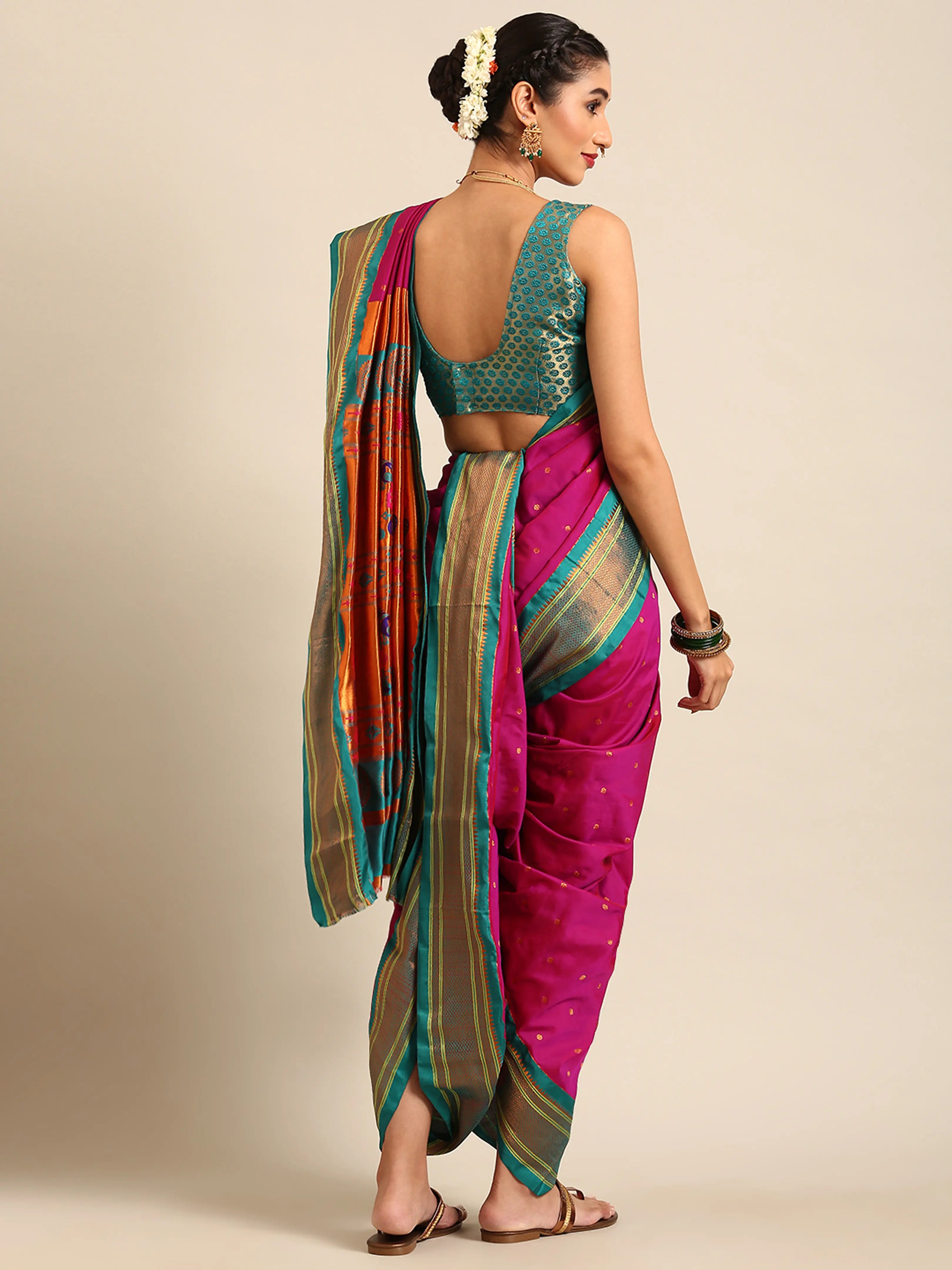 Maharani Nauvari Paithani saree silk blend 9 yard Kashta saree in magenta and rama - back view showing pallu and border