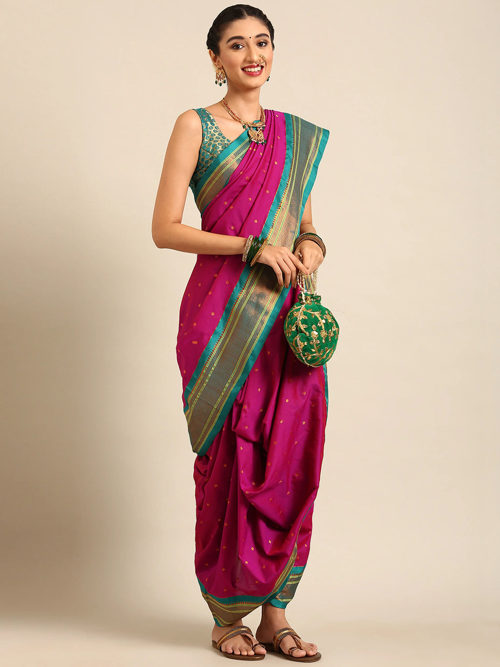 Maharani Nauvari Paithani saree silk blend 9 yard Kashta saree in magenta and rama - styled look for wedding and festive wear