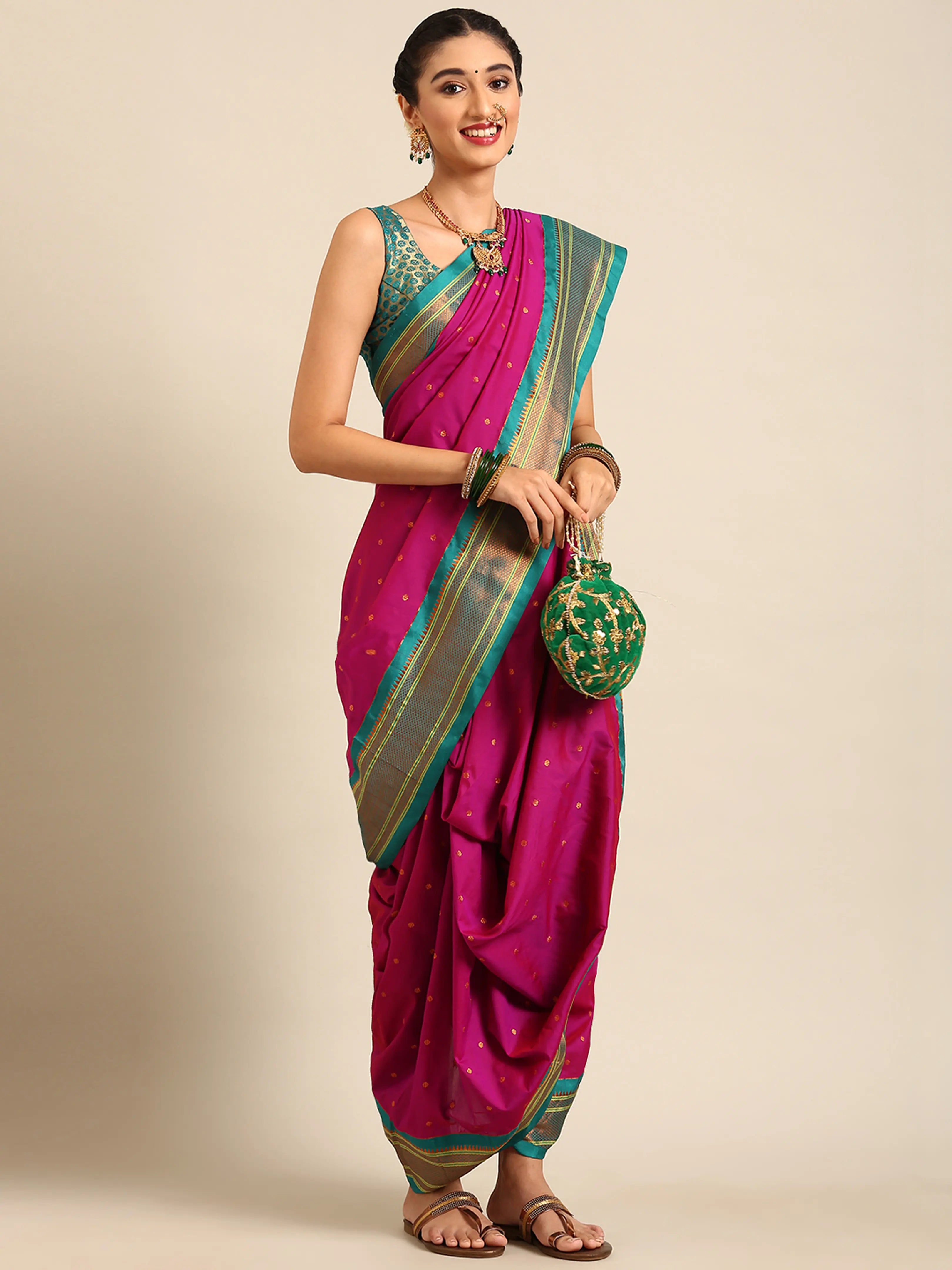 Maharani Nauvari Paithani saree silk blend 9 yard Kashta saree in magenta and rama - styled look for wedding and festive wear
