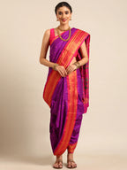 Maharani Nauvari Paithani saree silk blend 9 yard Kashta saree in purple and pink - front view for wedding wear