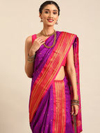 Closeup of Maharani Nauvari Paithani saree silk blend 9 yard Kashta saree in purple and pink with Paithani design details