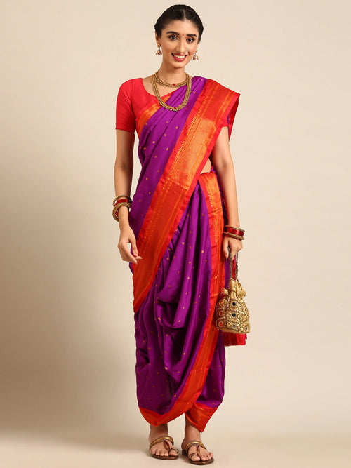 Maharani Nauvari Paithani saree soft silk 9 yard Kashta saree in purple and red - front view for wedding wear