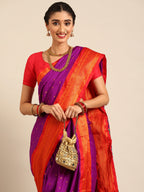 Closeup of Maharani Nauvari Paithani saree silk blend 9 yard Kashta saree in purple and red with Paithani design details