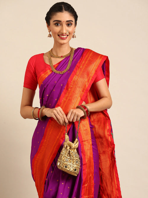 Closeup of Maharani Nauvari Paithani saree soft silk 9 yard Kashta saree in purple and red with Paithani design details
