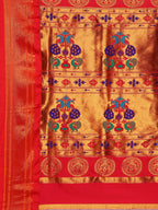 Pallu design of Maharani Nauvari Paithani saree silk blend 9 yard Kashta saree in purple and red with traditional Paithani motifs