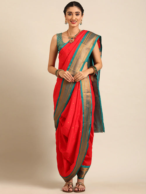 Maharani Nauvari Paithani saree soft silk 9 yard Kashta saree in red and rama - front view for wedding wear
