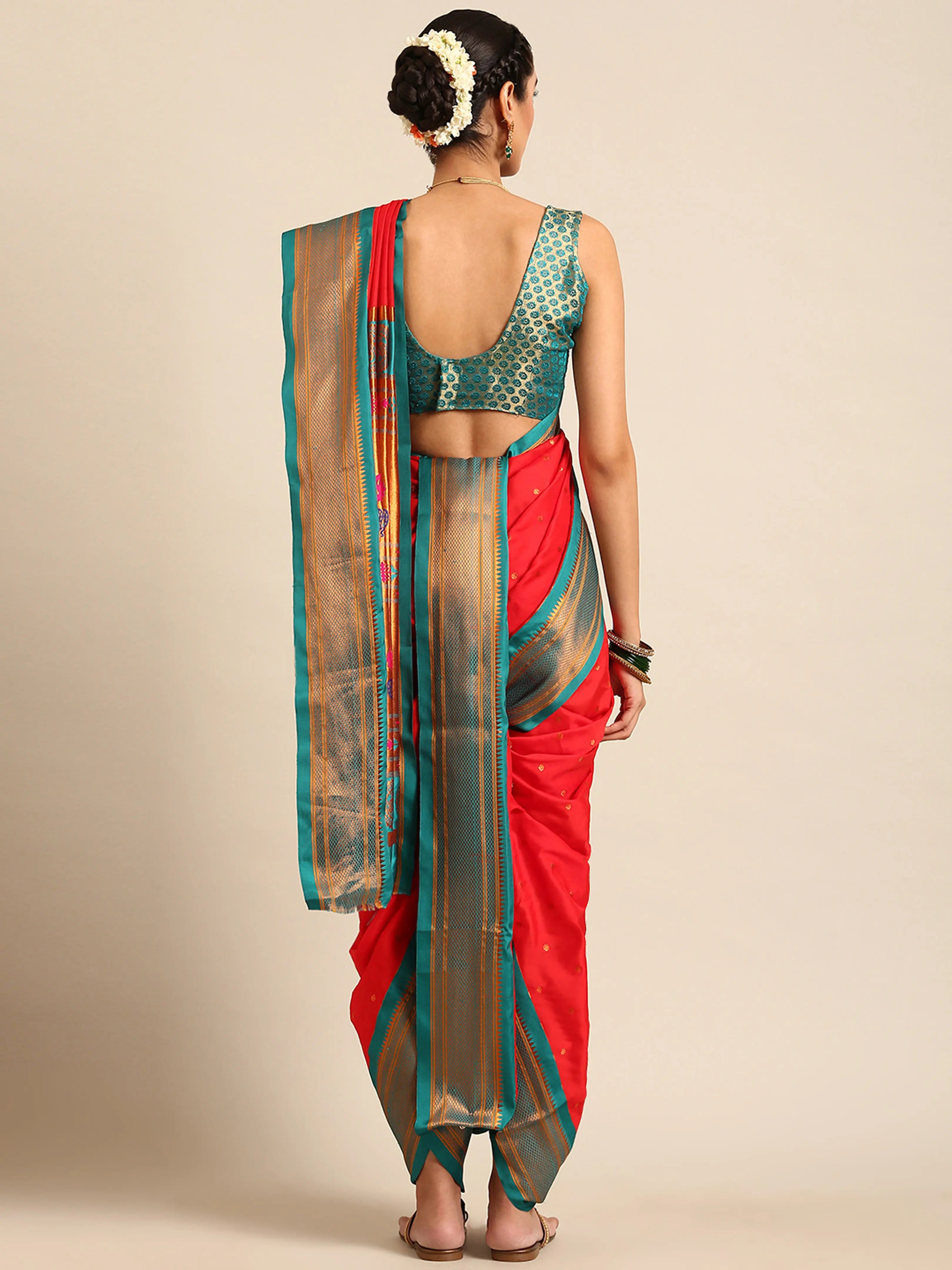 Maharani Nauvari Paithani saree silk blend 9 yard Kashta saree in red and rama - back view showing pallu and border