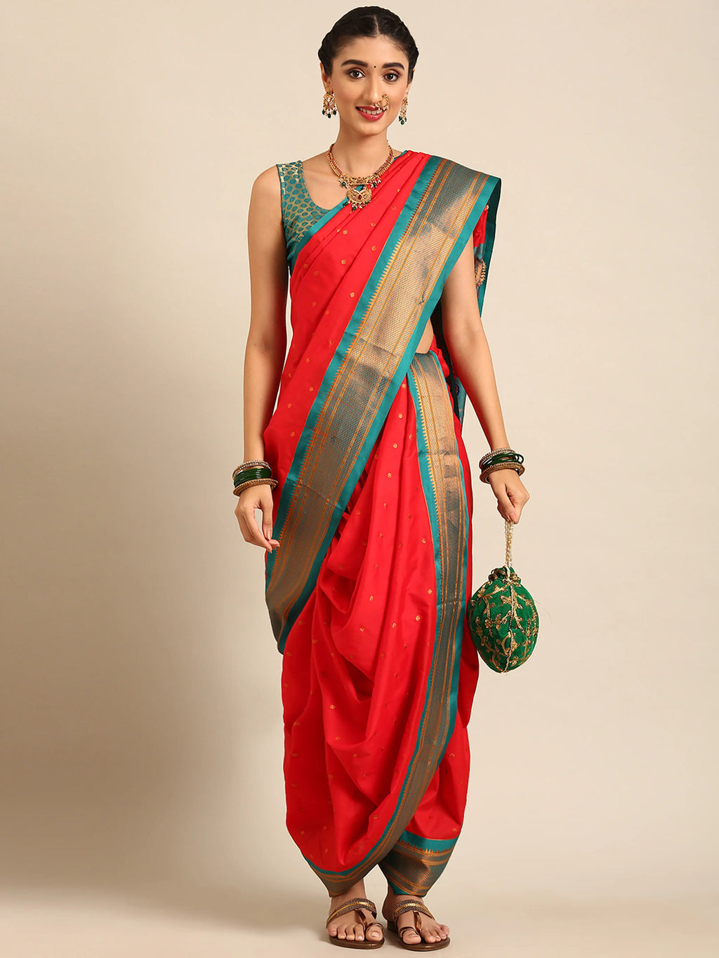 Maharani Nauvari Paithani saree silk blend 9 yard Kashta saree in red and rama - styled look for wedding and festive wear