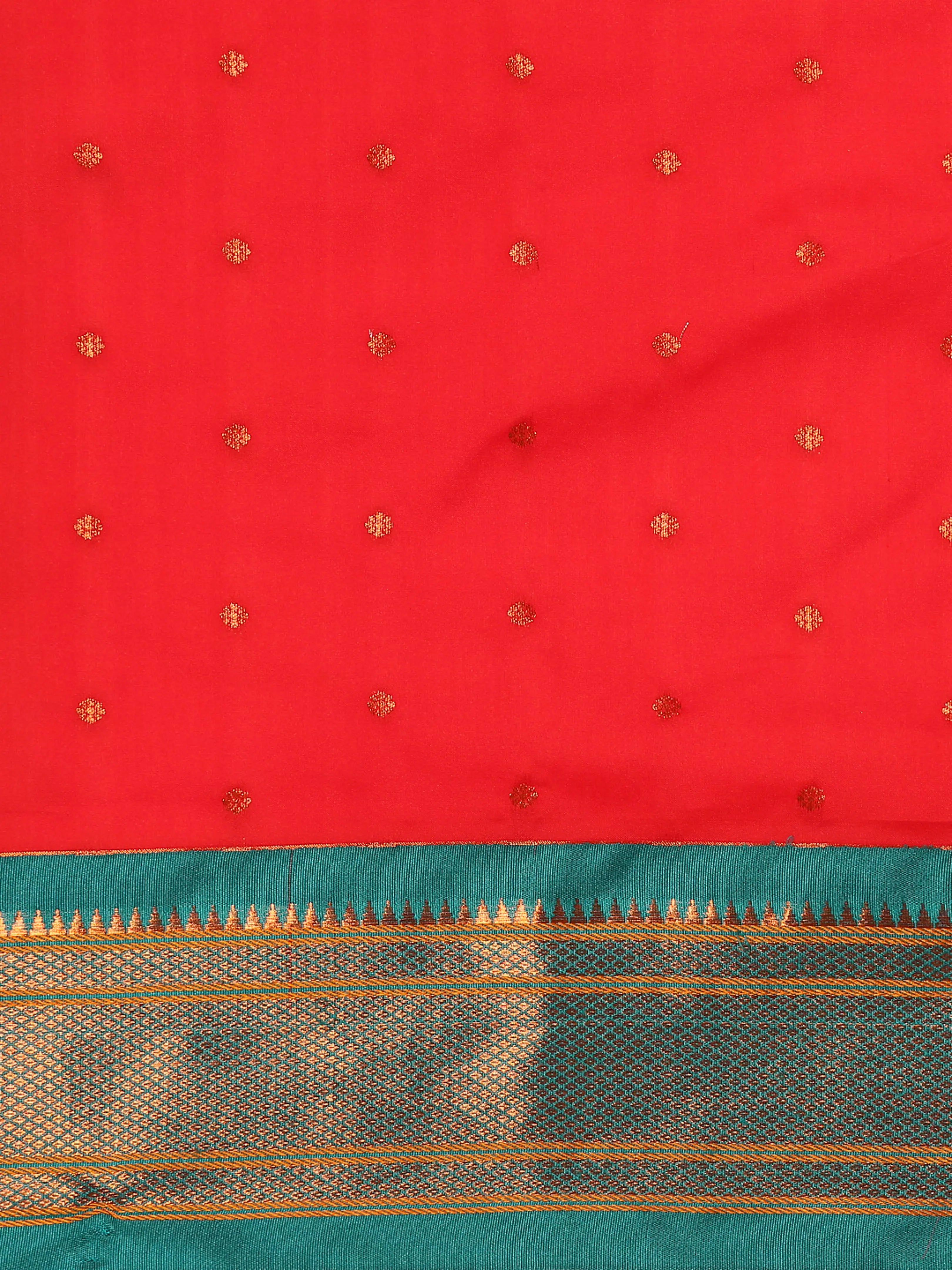 Border detail of Maharani Nauvari Paithani saree silk blend 9 yard Kashta saree in red and rama with zari kath design