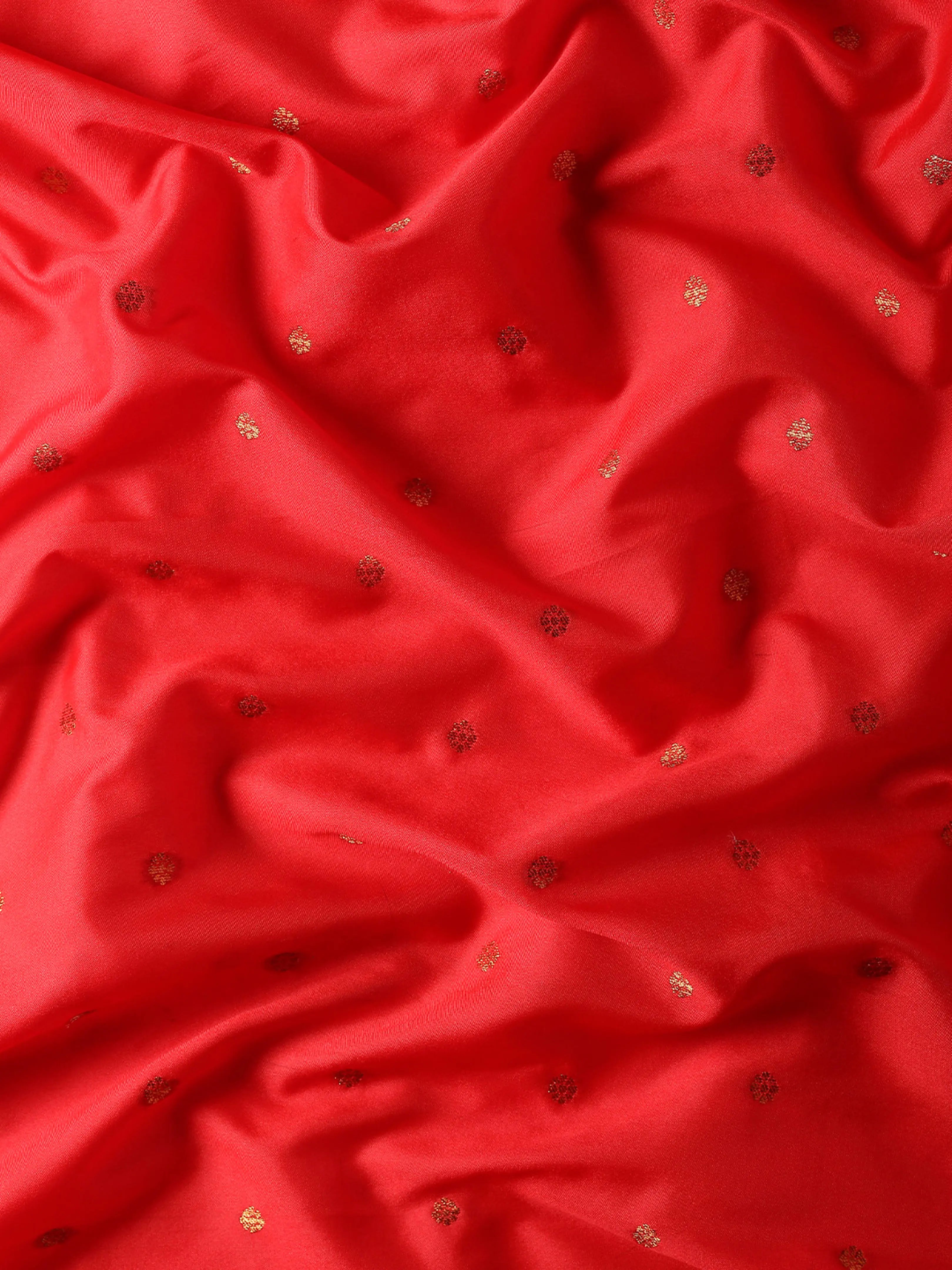 Fabric detail of Maharani Nauvari Paithani saree silk blend 9 yard Kashta saree in red and rama with silk blend texture