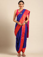 Maharani Nauvari Paithani saree silk blend 9 yard Kashta saree in royal blue and pink - front view for wedding wear