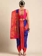 Maharani Nauvari Paithani saree silk blend 9 yard Kashta saree in royal blue and pink - back view showing pallu and border