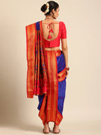 Maharani Nauvari Paithani saree silk blend 9 yard Kashta saree in royal blue and red - back view showing pallu and border