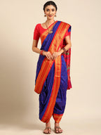 Maharani Nauvari Paithani saree silk blend 9 yard Kashta saree in royal blue and red - styled look for wedding and festive wear