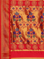 Pallu design of Maharani Nauvari Paithani saree silk blend 9 yard Kashta saree in royal blue and red with traditional Paithani motifs
