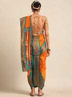 Maharani Nauvari Paithani saree silk blend 9 yard Kashta saree in saffron and rama - back view showing pallu and border