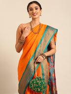 Closeup of Maharani Nauvari Paithani saree silk blend 9 yard Kashta saree in saffron and rama with Paithani design details