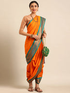 Maharani Nauvari Paithani saree silk blend 9 yard Kashta saree in saffron and rama - styled look for wedding and festive wear