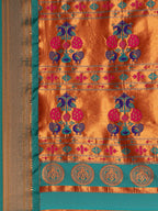 Pallu design of Maharani Nauvari Paithani saree silk blend 9 yard Kashta saree in saffron and rama with traditional Paithani motifs