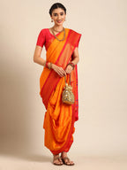 Maharani Nauvari Paithani saree silk blend 9 yard Kashta saree in saffron and red - front view for wedding wear
