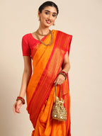 Closeup of Maharani Nauvari Paithani saree silk blend 9 yard Kashta saree in saffron and red with Paithani design details