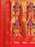 Pallu design of Maharani Nauvari Paithani saree silk blend 9 yard Kashta saree in saffron and red with traditional Paithani motifs