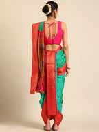 Maharani Nauvari Paithani saree silk blend 9 yard Kashta saree in sea green and pink - back view showing pallu and border