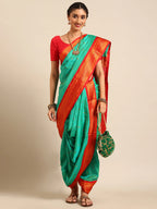 Maharani Nauvari Paithani saree silk blend 9 yard Kashta saree in sea green and red - front view for wedding wear
