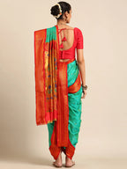 Maharani Nauvari Paithani saree silk blend 9 yard Kashta saree in sea green and red - back view showing pallu and border