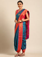 Maharani Nauvari Paithani saree silk blend 9 yard Kashta saree in teal blue and pink - front view for wedding wear
