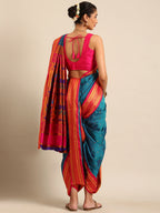 Maharani Nauvari Paithani saree silk blend 9 yard Kashta saree in teal blue and pink - back view showing pallu and border