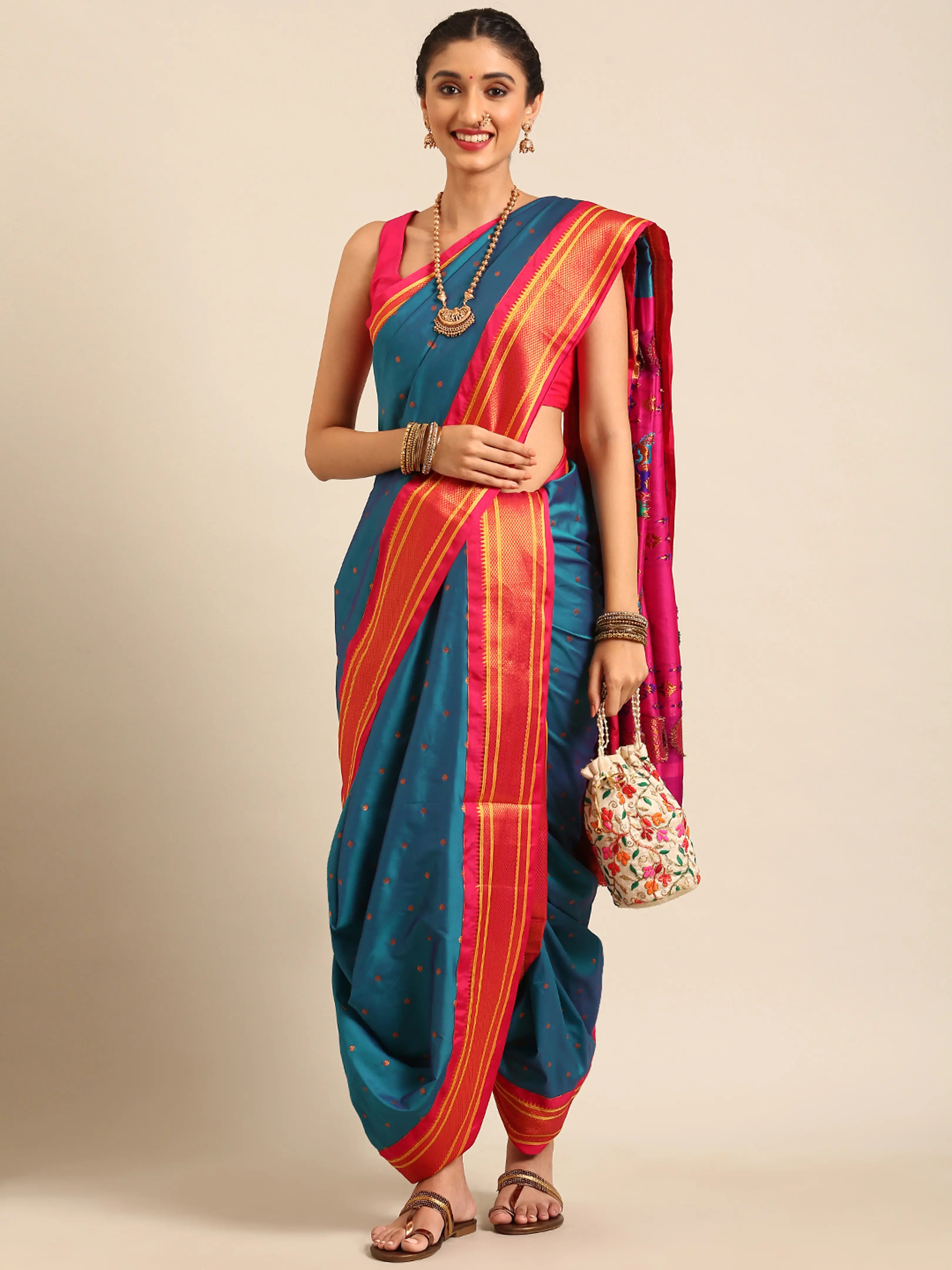 Maharani Nauvari Paithani Saree Silk Blend | 9 Yard Kashta Saree | Wedding Wear