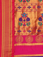 Pallu design of Maharani Nauvari Paithani saree silk blend 9 yard Kashta saree in teal blue and pink with traditional Paithani motifs