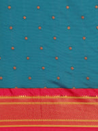 Border detail of Maharani Nauvari Paithani saree silk blend 9 yard Kashta saree in teal blue and pink with zari kath design