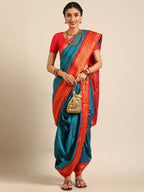Maharani Nauvari Paithani saree silk blend 9 yard Kashta saree in teal blue and red - front view for wedding wear