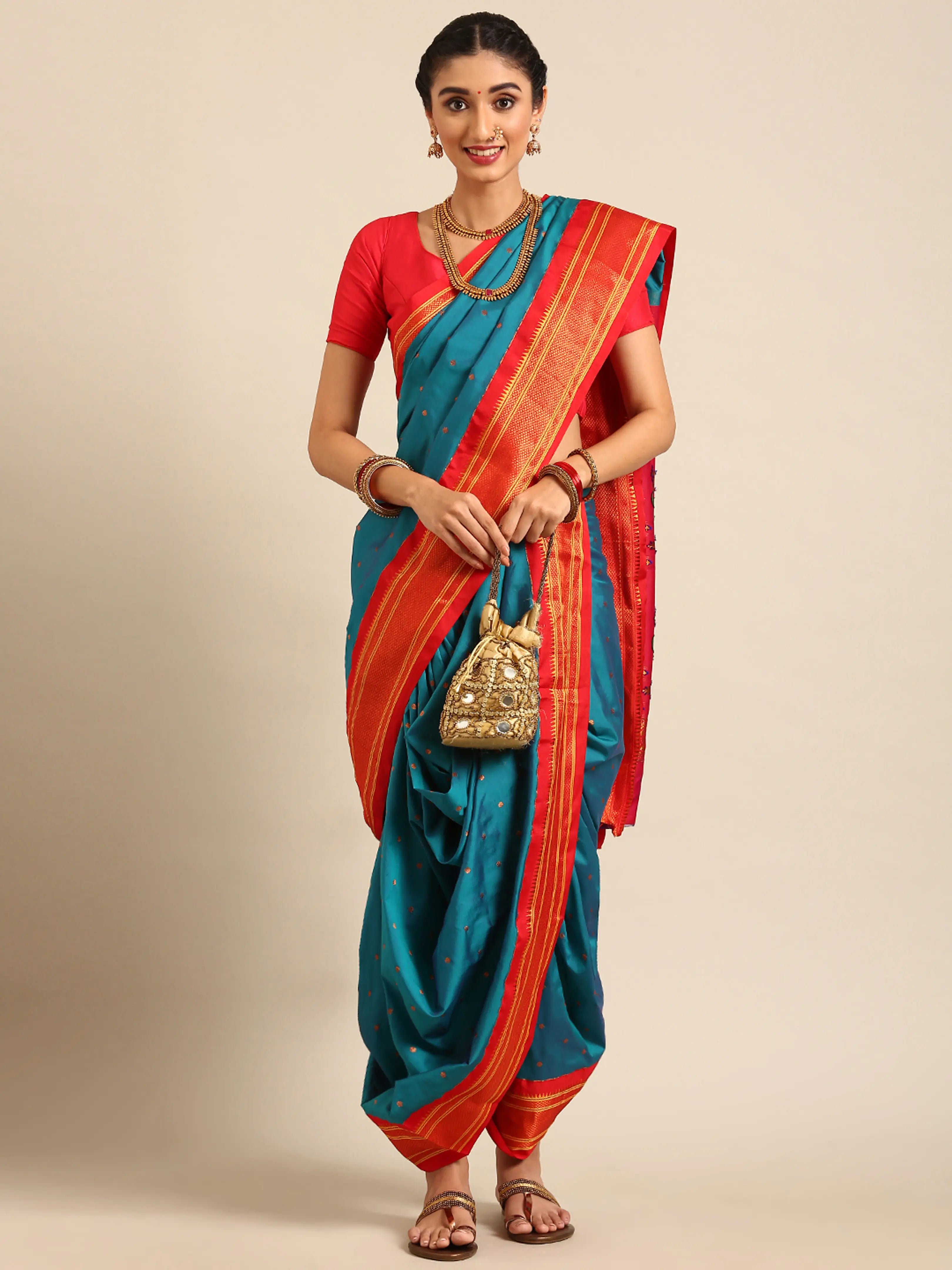 Maharani Nauvari Paithani Saree Silk Blend | 9 Yard Kashta Saree | Wedding Wear