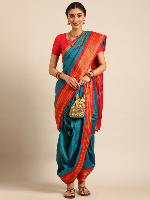 Maharani Nauvari Paithani saree soft silk 9 yard Kashta saree in teal blue and red - front view for wedding wear