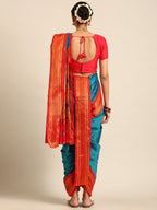 Maharani Nauvari Paithani saree silk blend 9 yard Kashta saree in teal blue and red - back view showing pallu and border