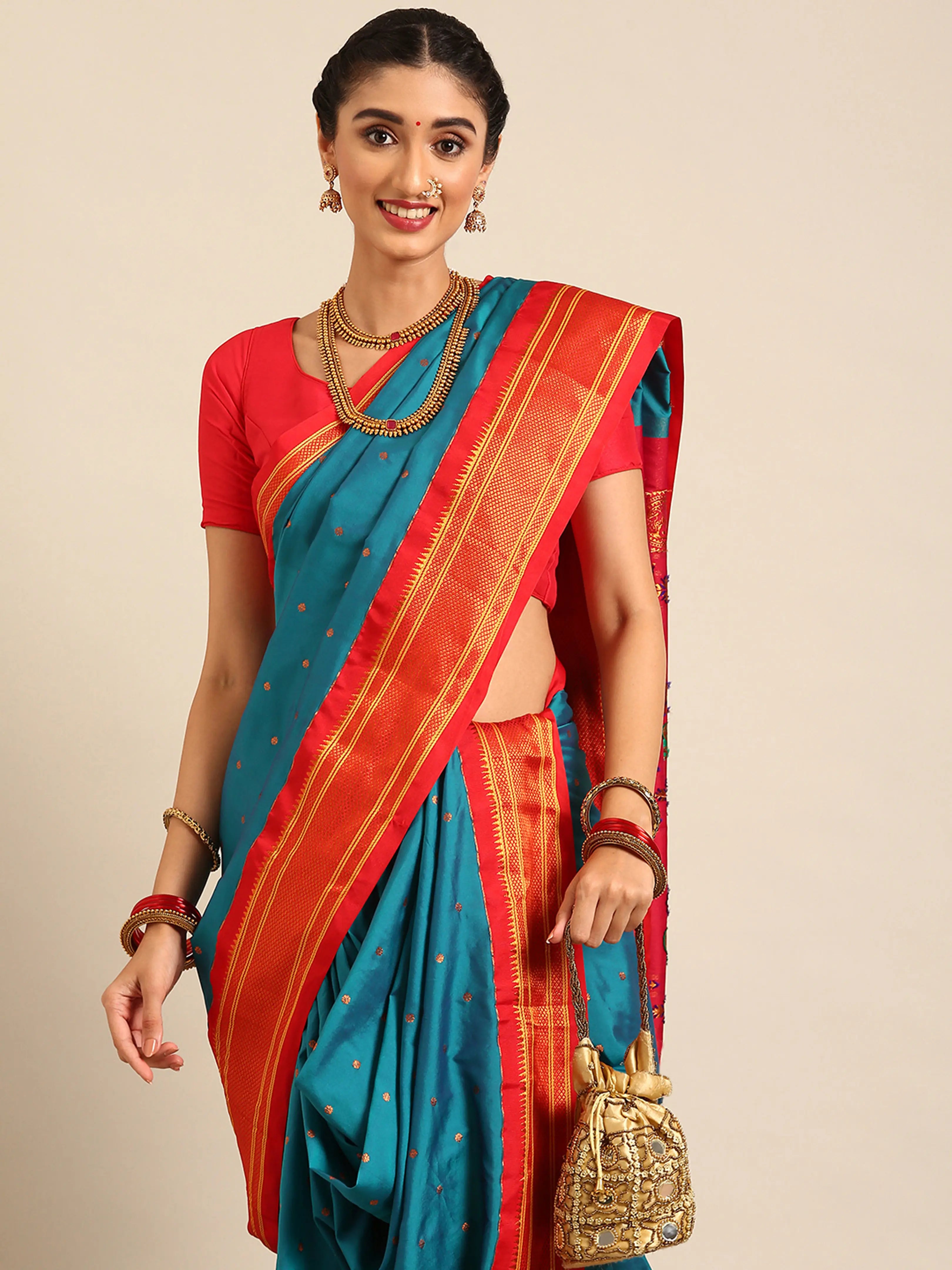 Maharani Nauvari Paithani Saree Silk Blend | 9 Yard Kashta Saree | Wedding Wear