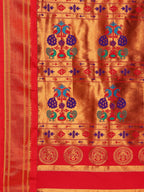 Pallu design of Maharani Nauvari Paithani saree silk blend 9 yard Kashta saree in teal blue and red with traditional Paithani motifs