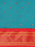Border detail of Maharani Nauvari Paithani saree silk blend 9 yard Kashta saree in teal blue and red with zari kath design