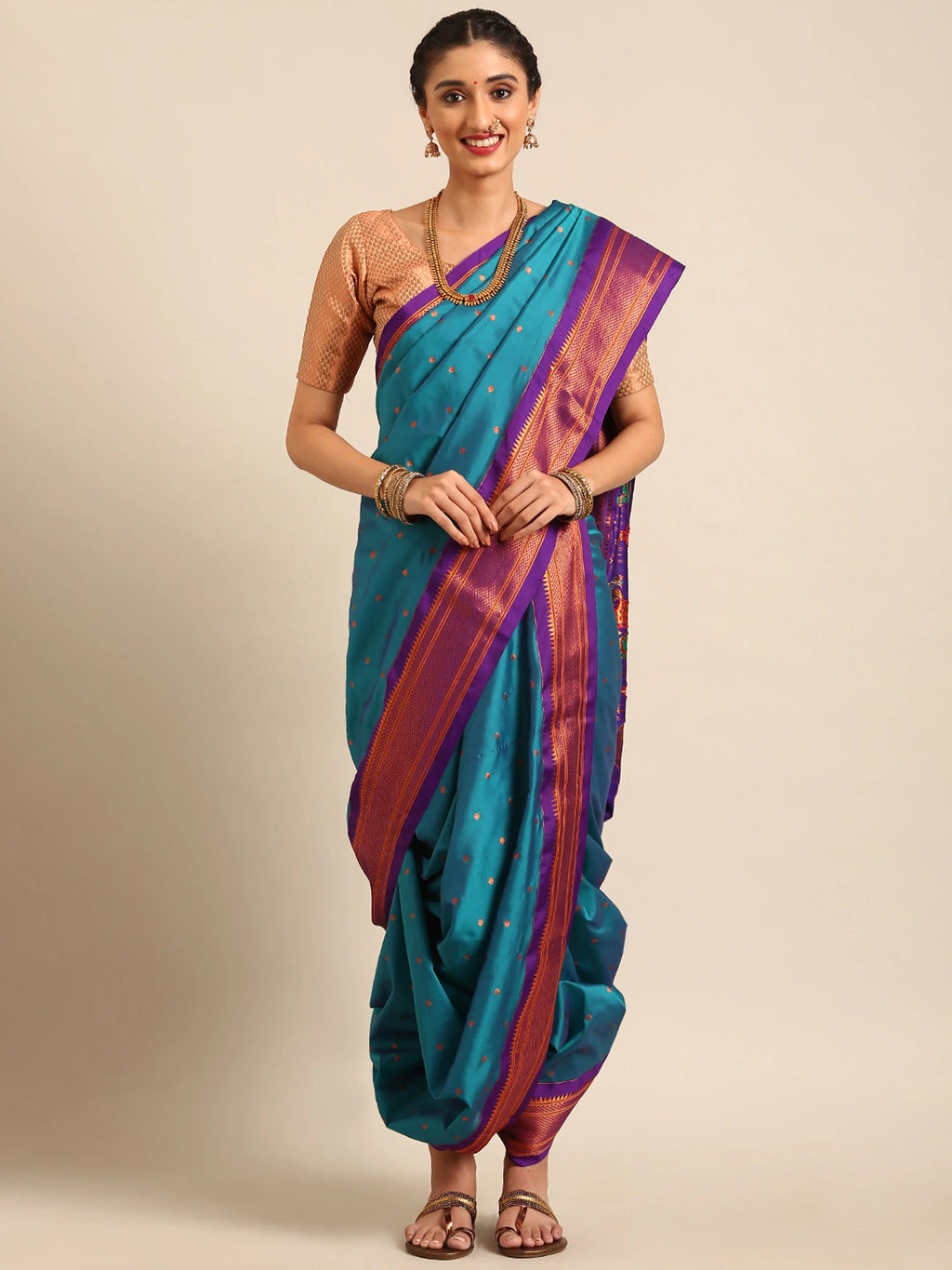 Maharani Nauvari Paithani saree silk blend 9 yard Kashta saree in teal blue and violet - front view for wedding wear