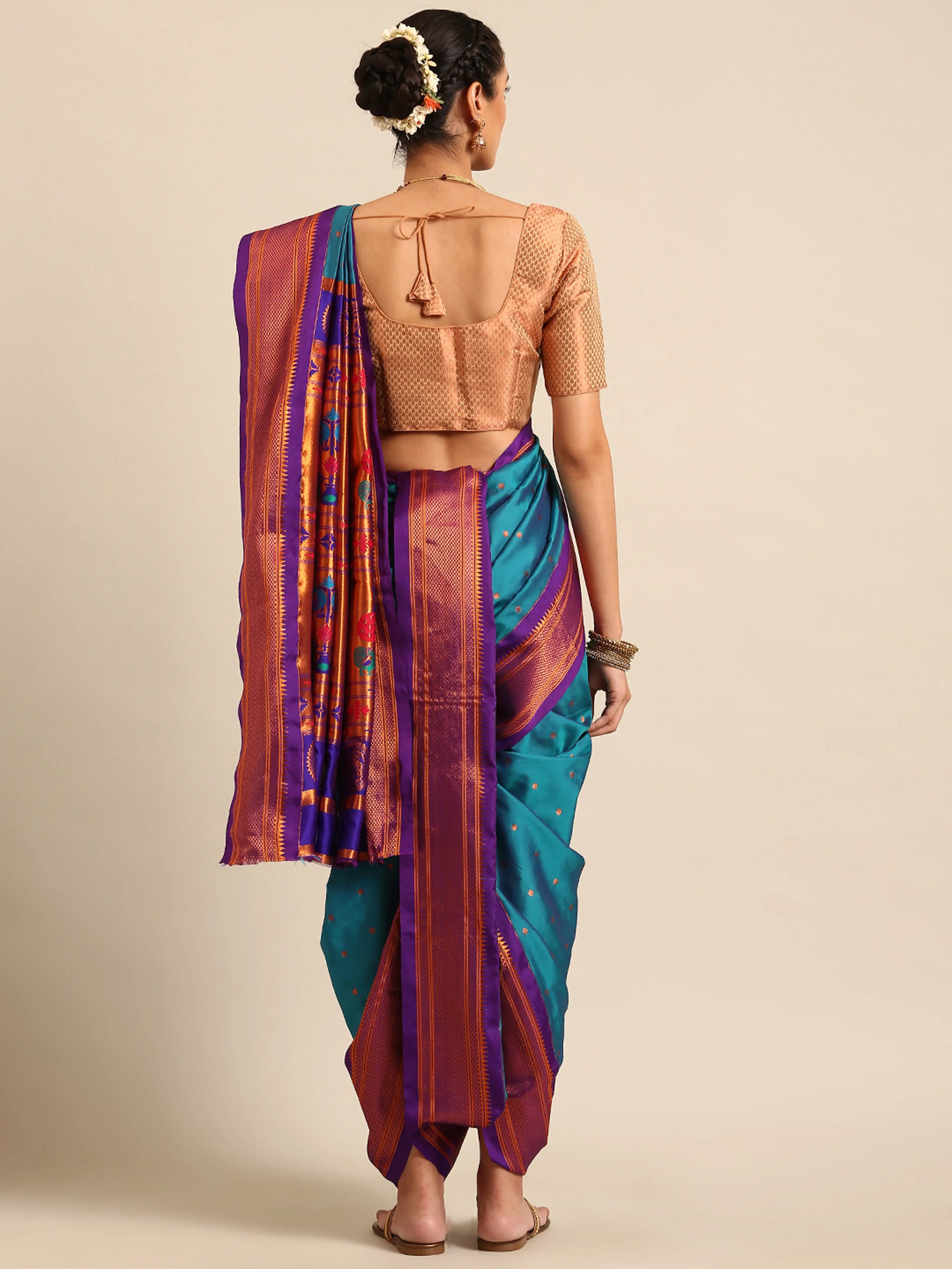 Maharani Nauvari Paithani saree silk blend 9 yard Kashta saree in teal blue and violet - back view showing pallu and border