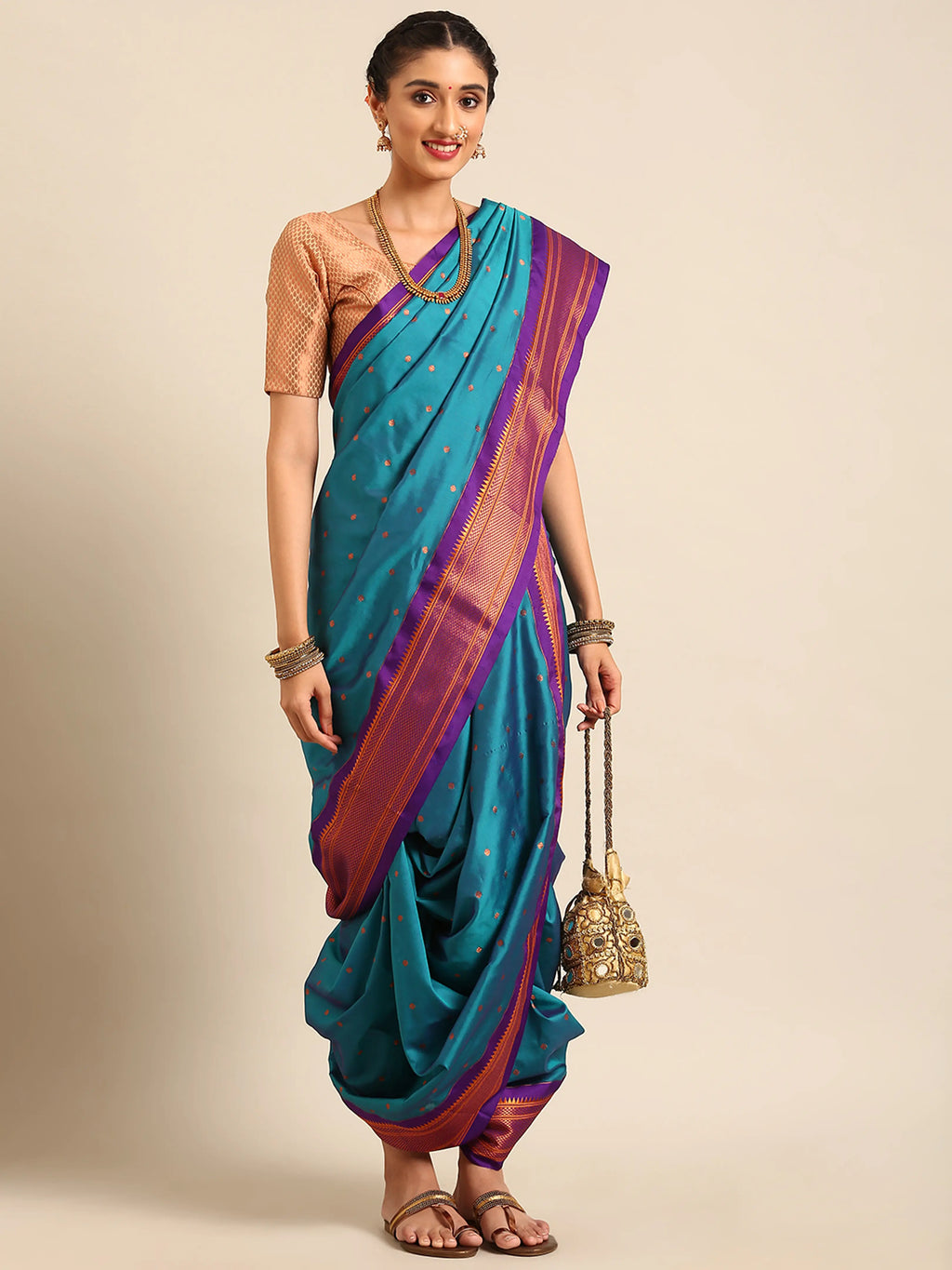 Maharani Nauvari Paithani saree silk blend 9 yard Kashta saree in teal blue and violet - styled look for wedding and festive wear