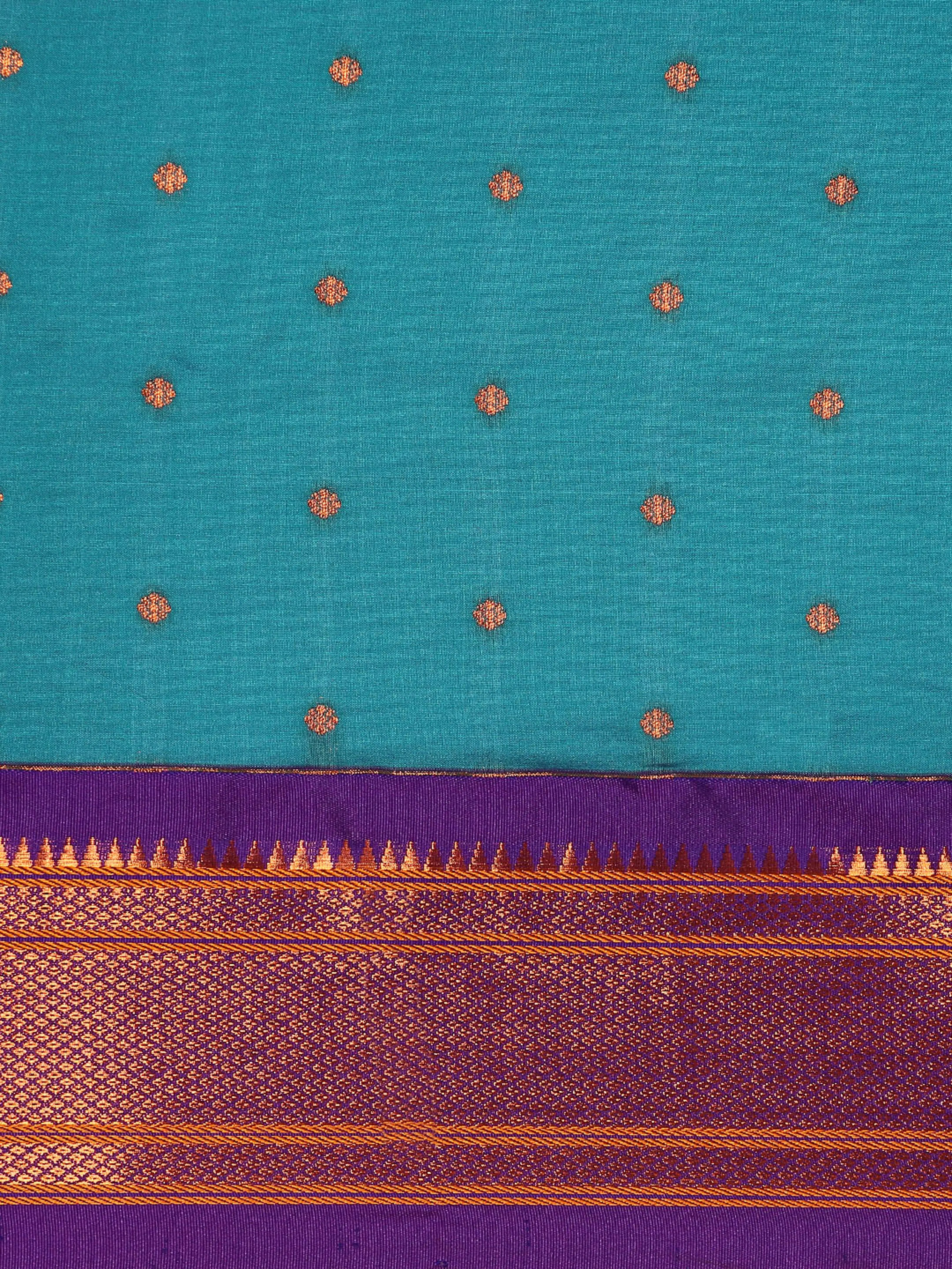 Border detail of Maharani Nauvari Paithani saree silk blend 9 yard Kashta saree in teal blue and violet with zari kath design
