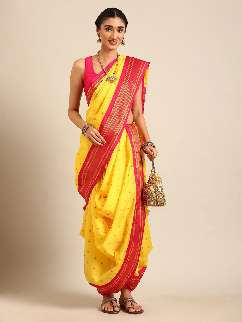 Maharani Nauvari Paithani saree silk blend 9 yard Kashta saree in yellow and pink - front view for wedding wear