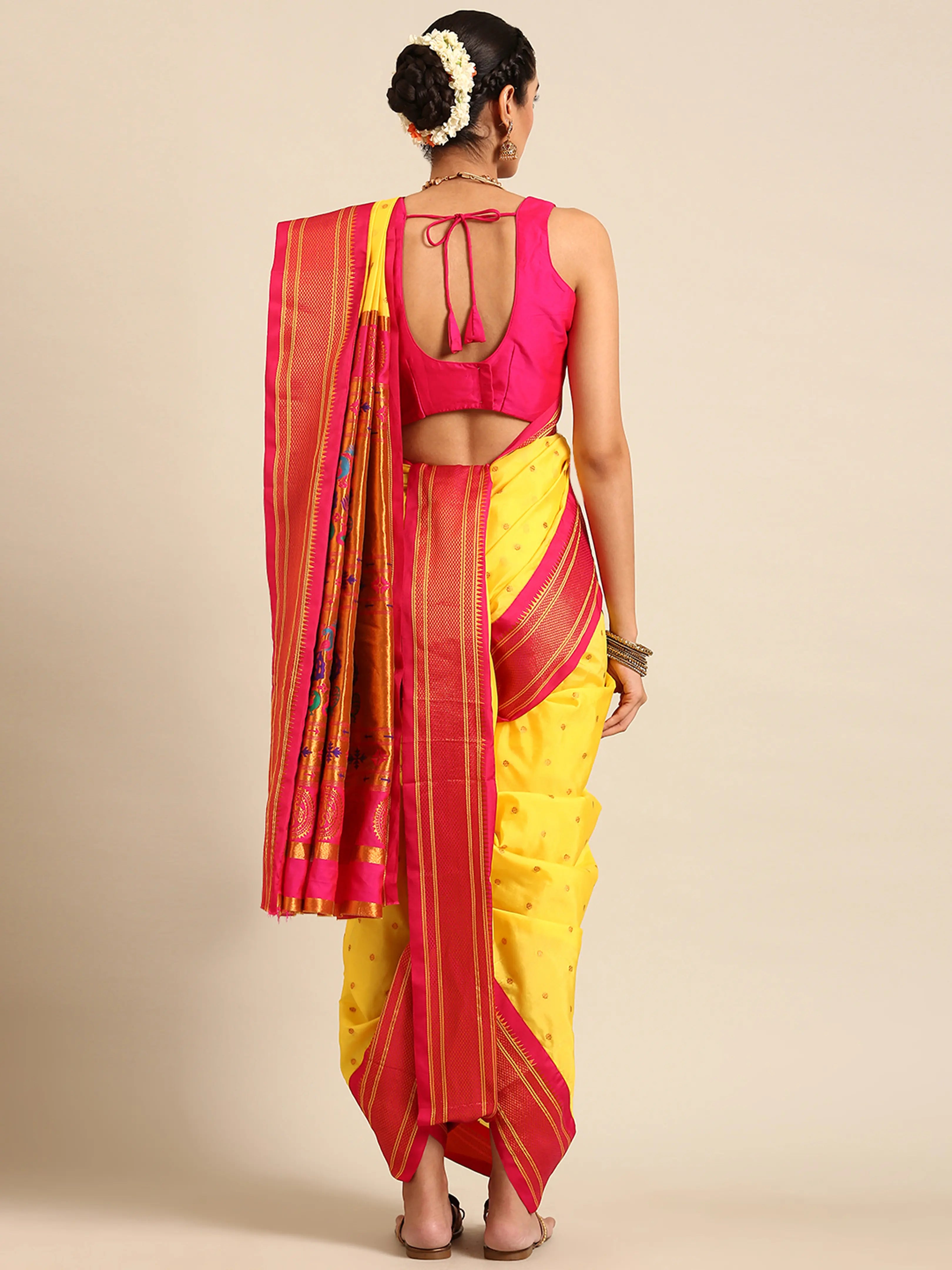 Maharani Nauvari Paithani saree silk blend 9 yard Kashta saree in yellow and pink - back view showing pallu and border