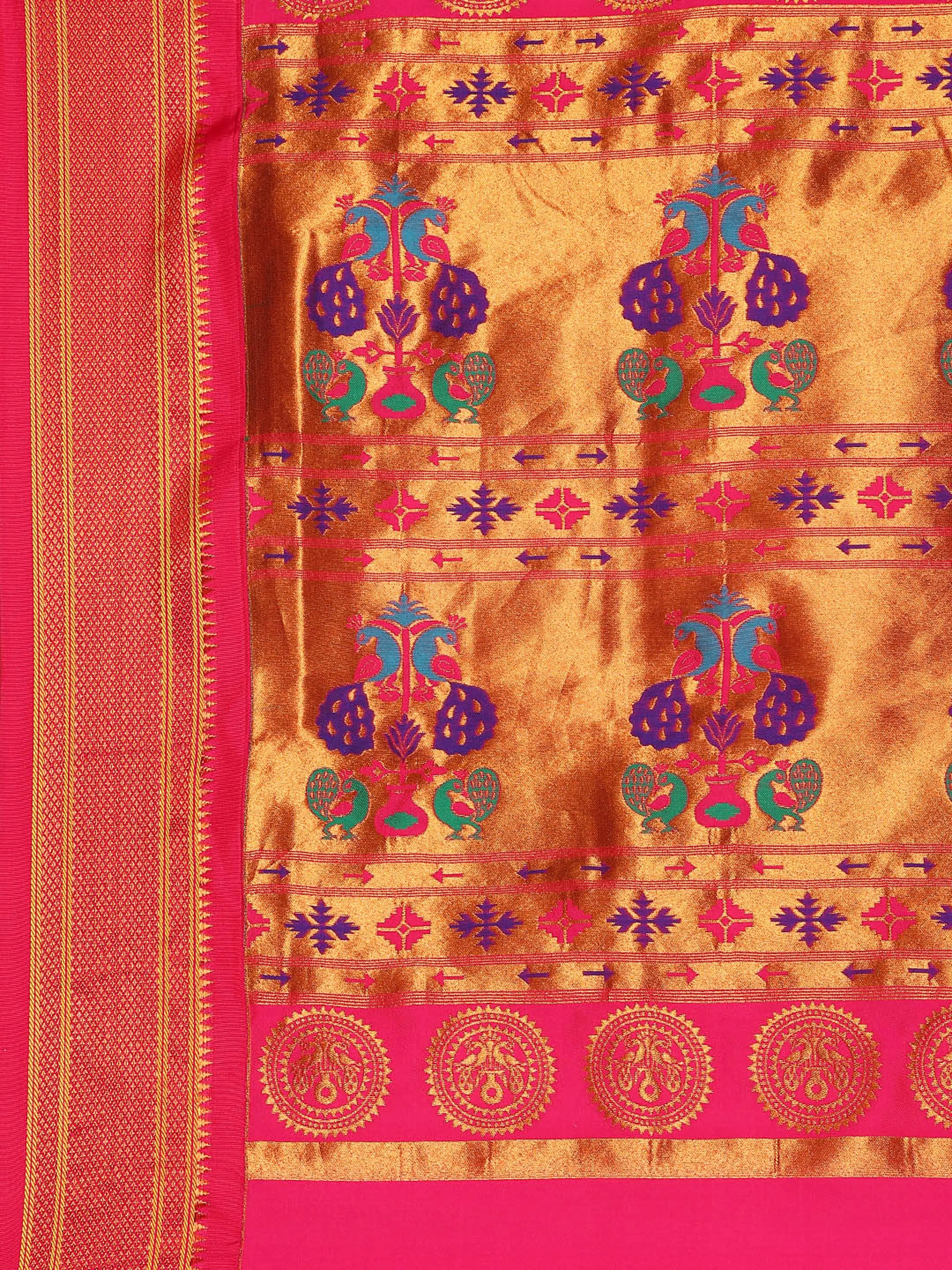 Pallu design of Maharani Nauvari Paithani saree silk blend 9 yard Kashta saree in yellow and pink with traditional Paithani motifs